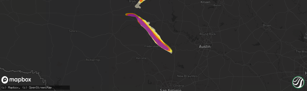 Hail map in Fredericksburg, TX on May 9, 2021