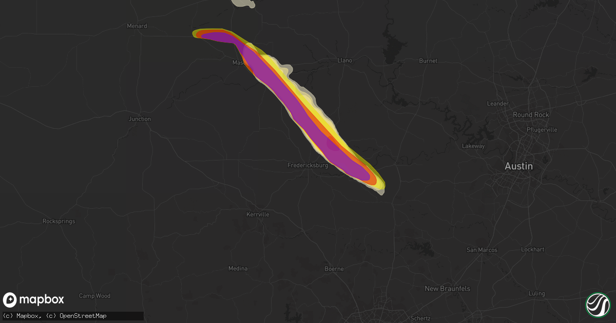 Hail map in Fredericksburg, TX on May 9, 2021
