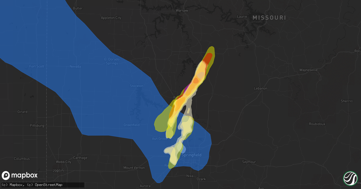 Hail map in Bolivar, MO on May 9, 2023
