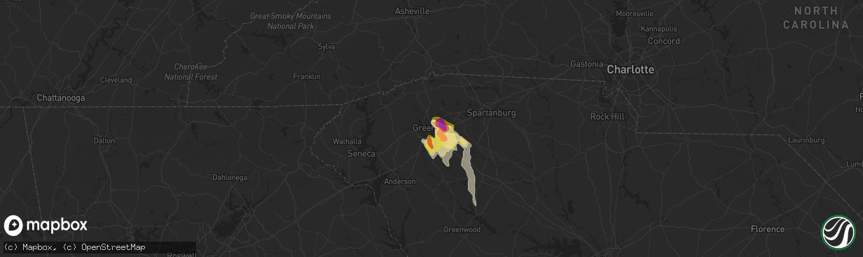 Hail map in Greenville, SC on May 9, 2023