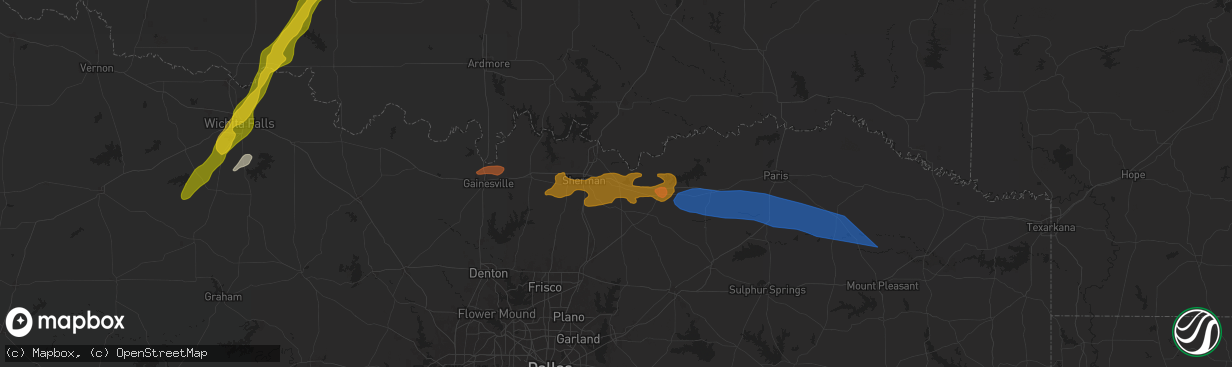 Hail map in Bells, TX on May 9, 2024