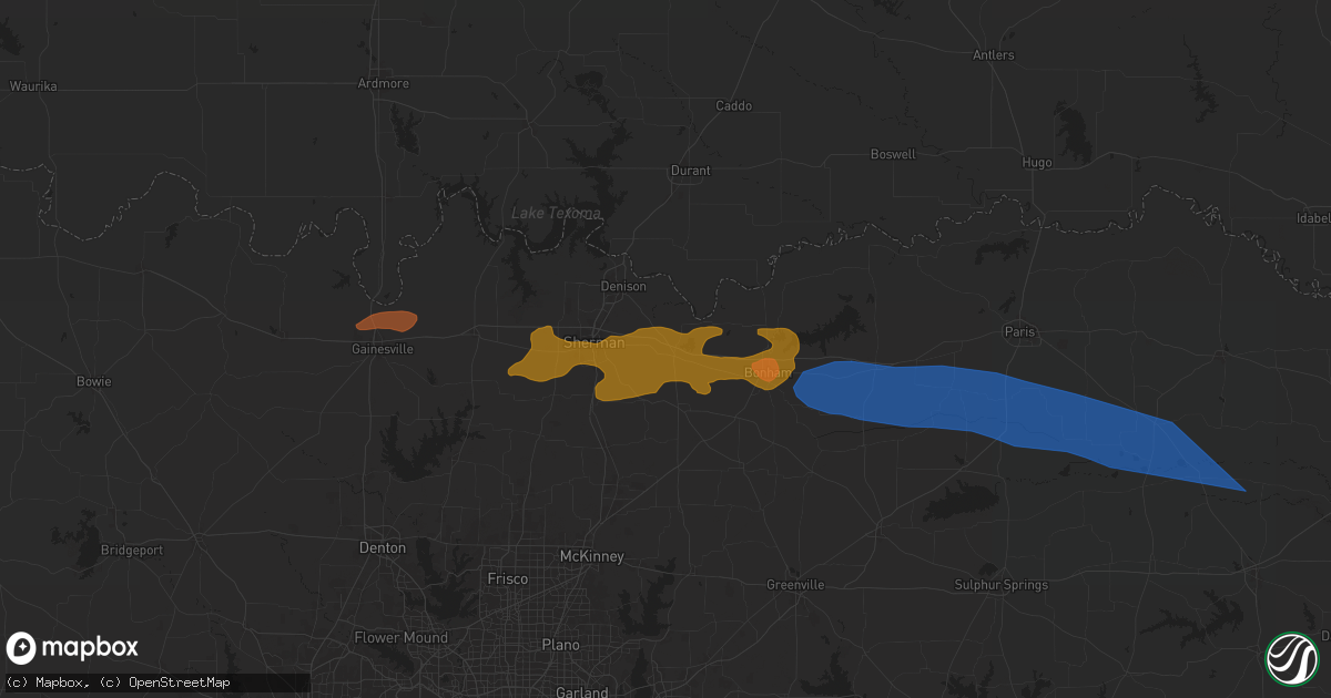 Hail map in Bells, TX on May 9, 2024
