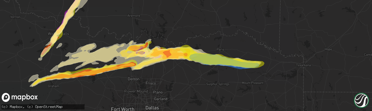 Hail map in Bonham, TX on May 9, 2024