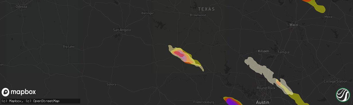 Hail map in Brady, TX on May 9, 2024
