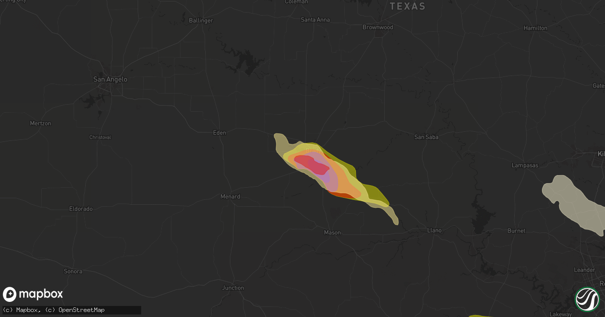 Hail map in Brady, TX on May 9, 2024