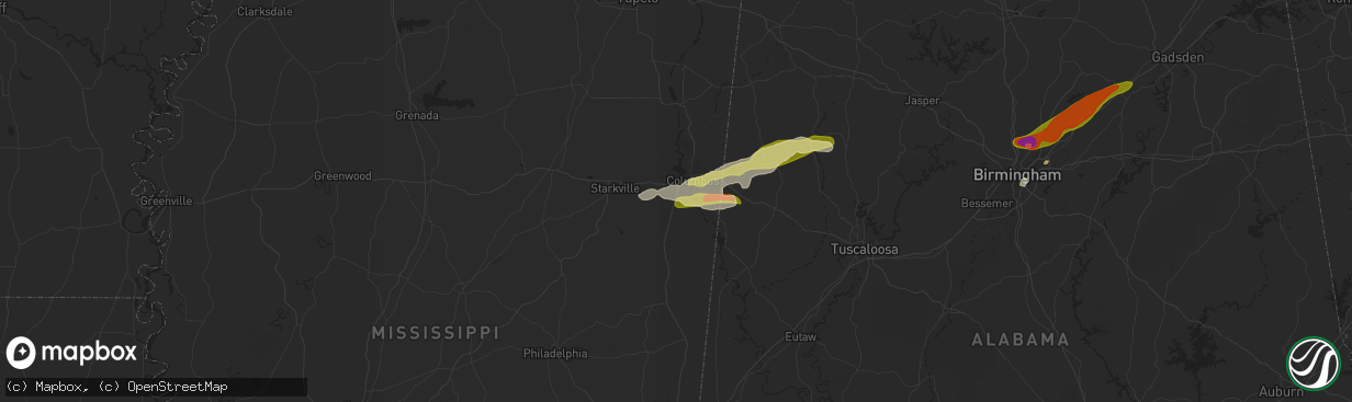 Hail map in Columbus, MS on May 9, 2024