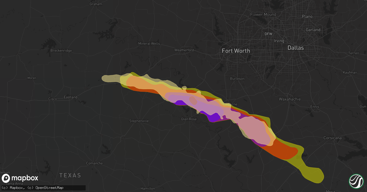 Hail map in Granbury, TX on May 9, 2024