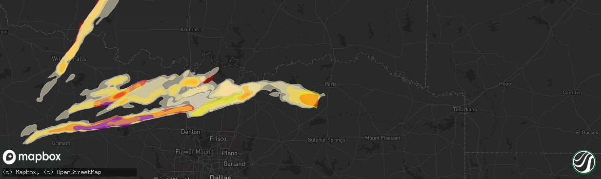 Hail map in Honey Grove, TX on May 9, 2024