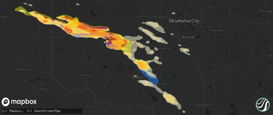 Hail map in Apache, OK on May 9, 2026
