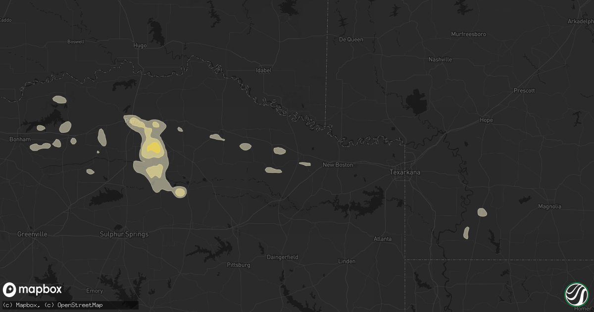 Hail map in De Kalb, TX on May 9, 2026