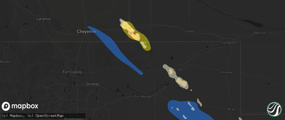 Hail map in New Raymer, CO on May 9, 2026