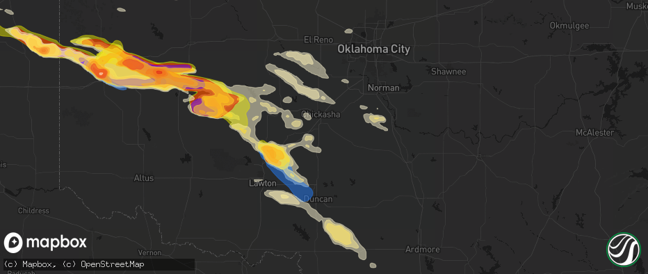 Hail map in Ninnekah, OK on May 9, 2026