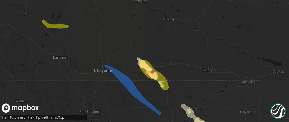 Hail map in Pine Bluffs, WY on May 9, 2026