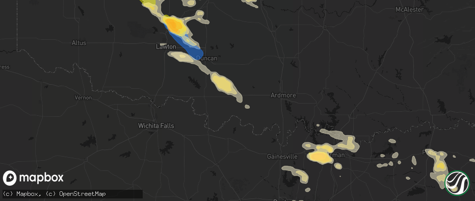 Hail map in Ringling, OK on May 9, 2026