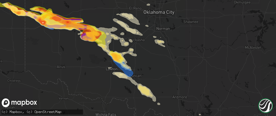 Hail map in Rush Springs, OK on May 9, 2026