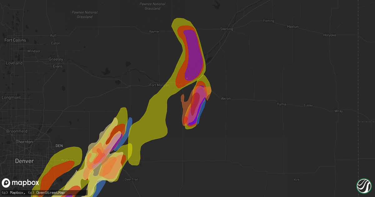 Hail map in Brush, CO on May 10, 2023