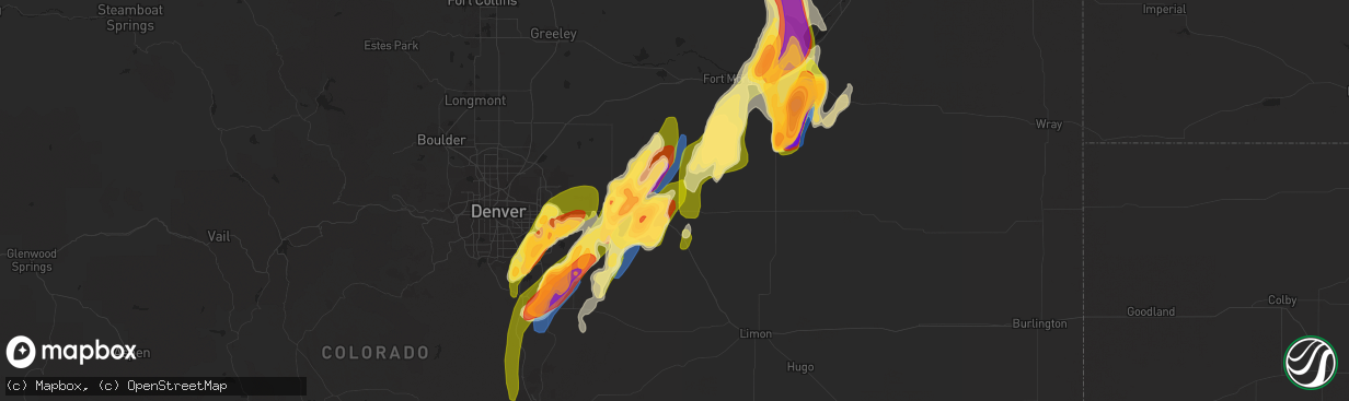 Hail map in Byers, CO on May 10, 2023