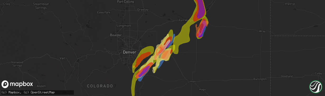 Hail map in Strasburg, CO on May 10, 2023