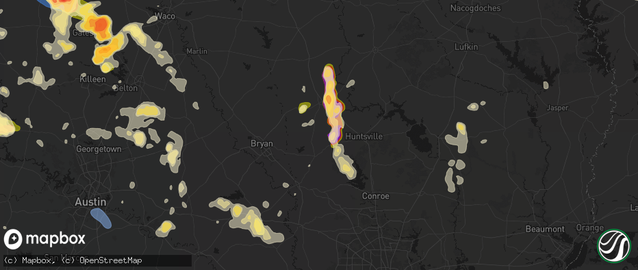 Hail map in Bedias, TX on May 10, 2026