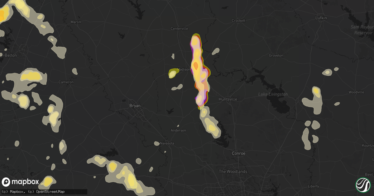 Hail map in Bedias, TX on May 10, 2026