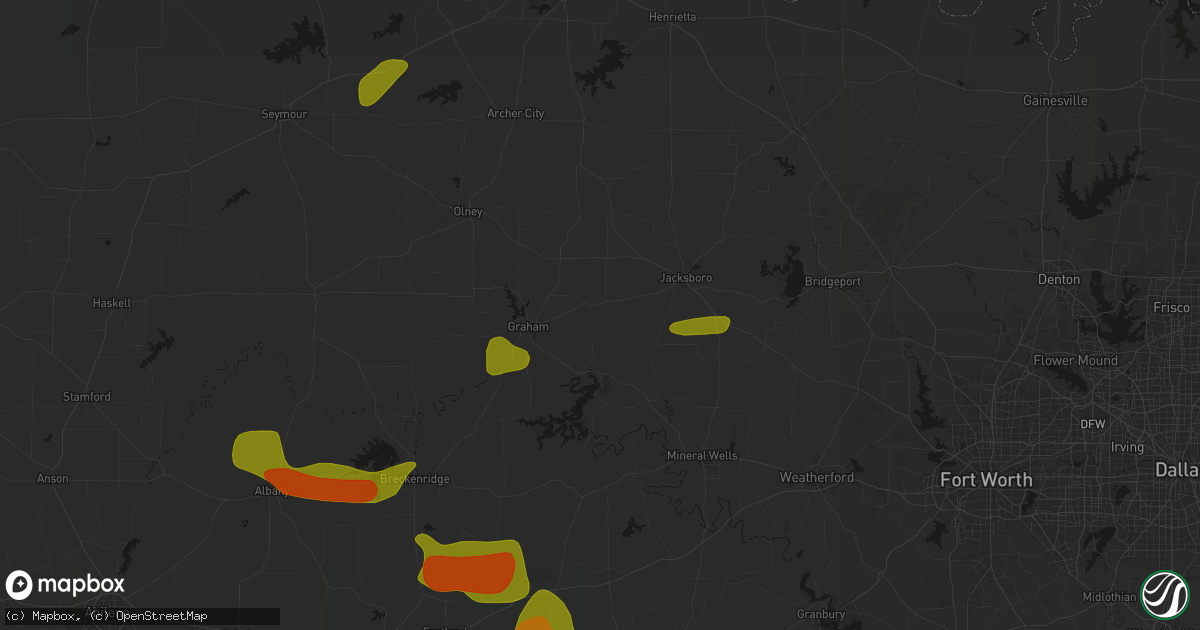 Hail map in Bryson, TX on May 10, 2026