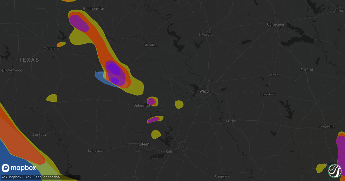 Hail map in Crawford, TX on May 10, 2026