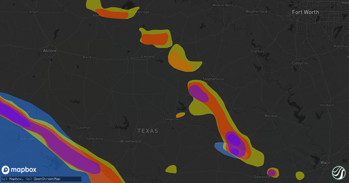 Hail map in De Leon, TX on May 10, 2026