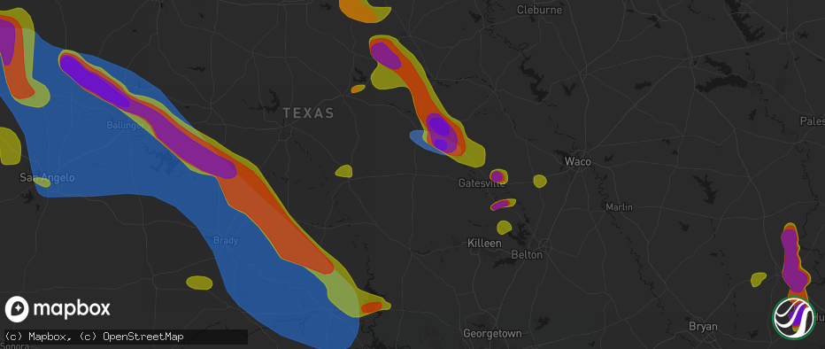 Hail map in Evant, TX on May 10, 2026