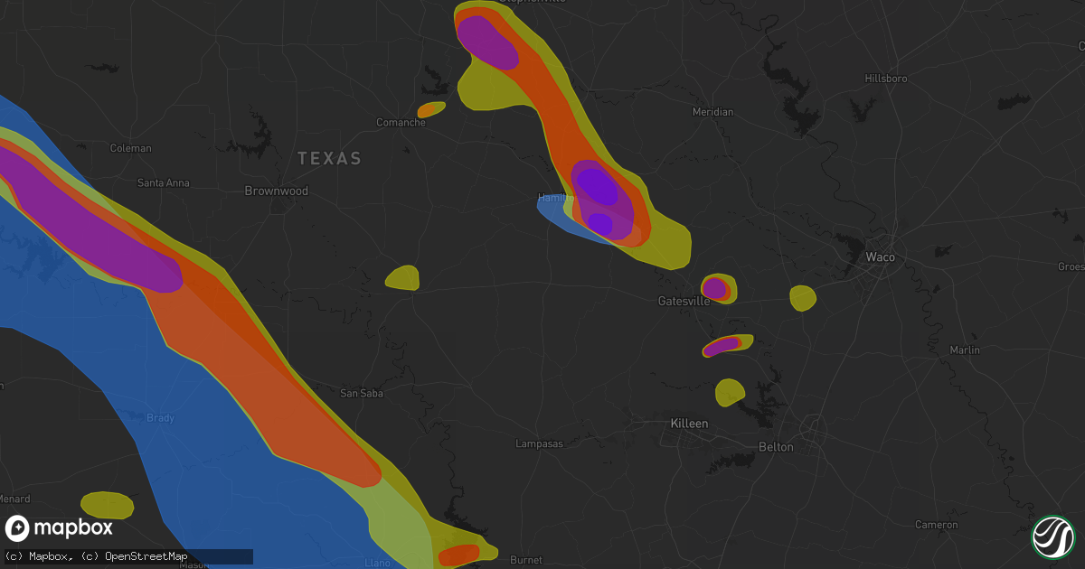 Hail map in Evant, TX on May 10, 2026