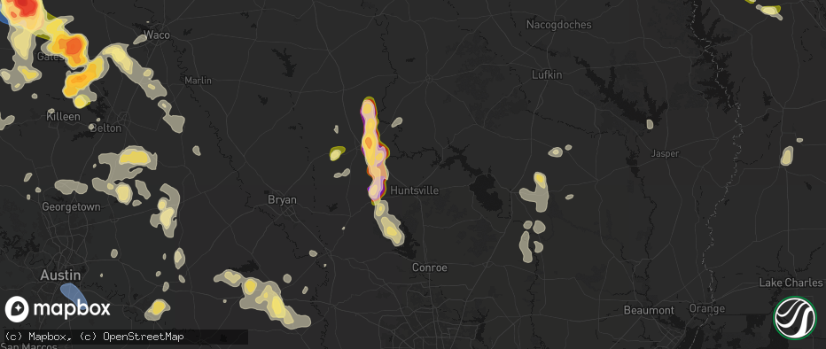 Hail map in Huntsville, TX on May 10, 2026