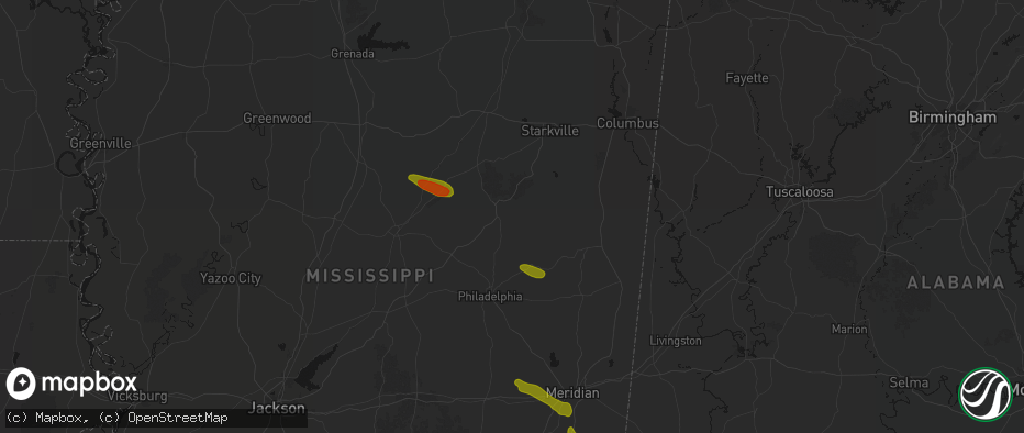 Hail map in Louisville, MS on May 10, 2026