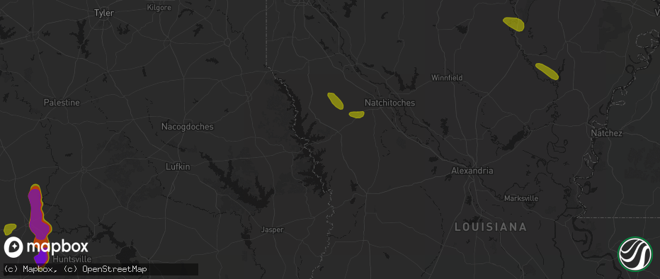 Hail map in Many, LA on May 10, 2026