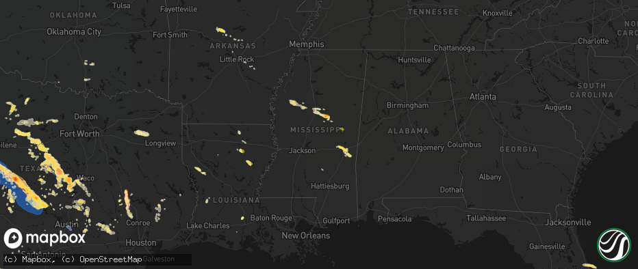 Hail map in Mississippi on May 10, 2026