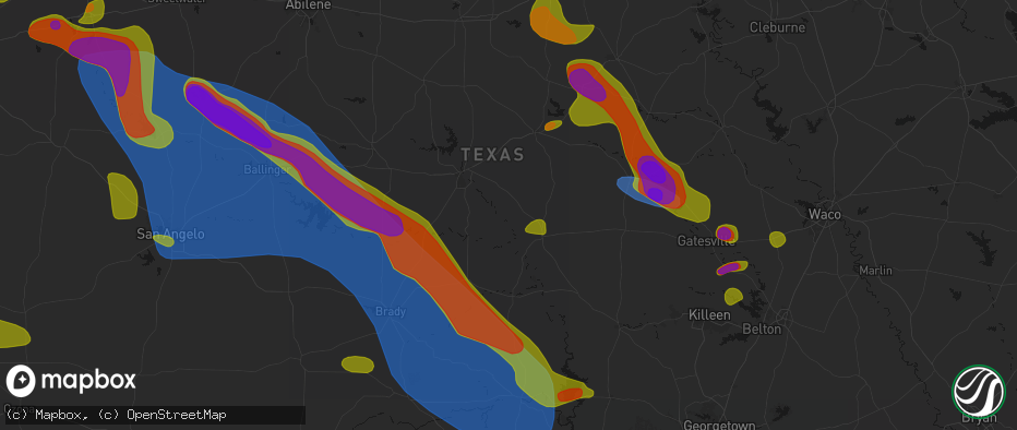 Hail map in Mullin, TX on May 10, 2026