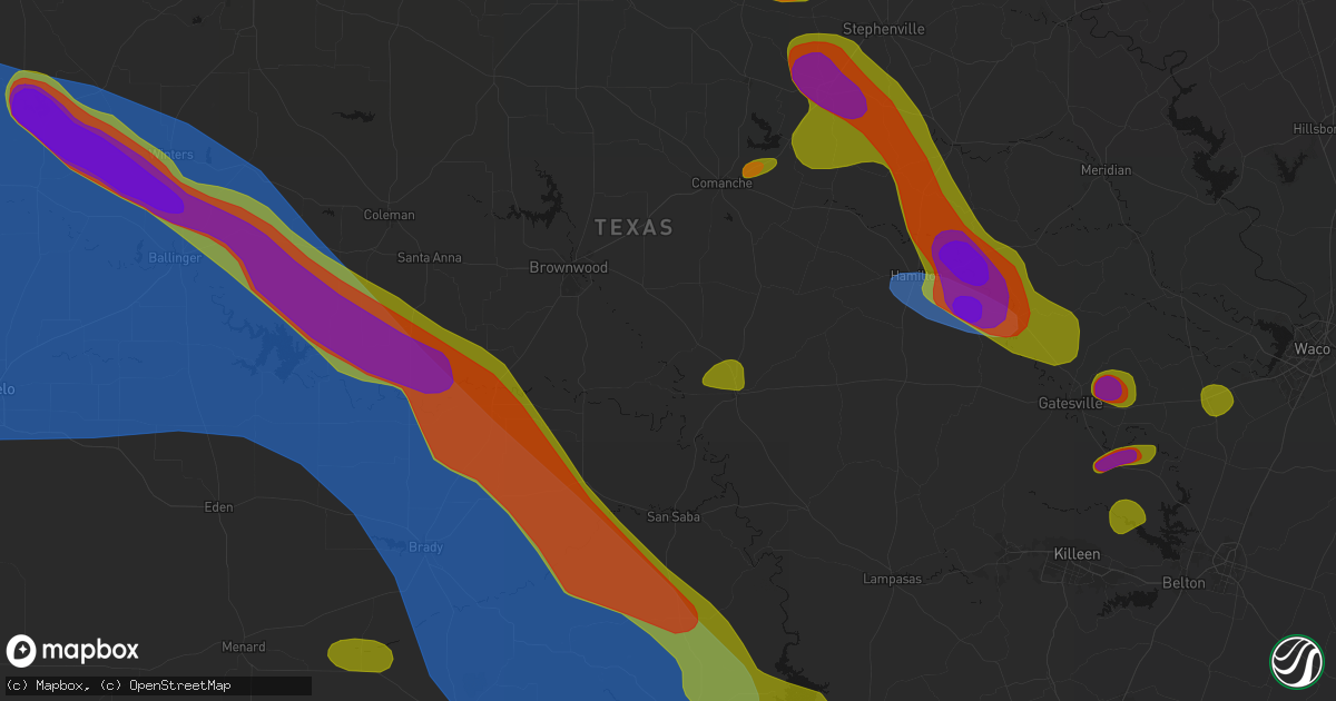 Hail map in Mullin, TX on May 10, 2026
