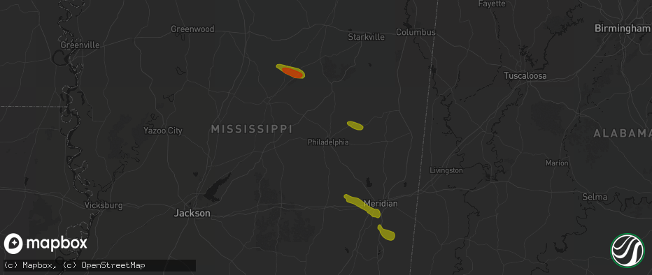 Hail map in Philadelphia, MS on May 10, 2026