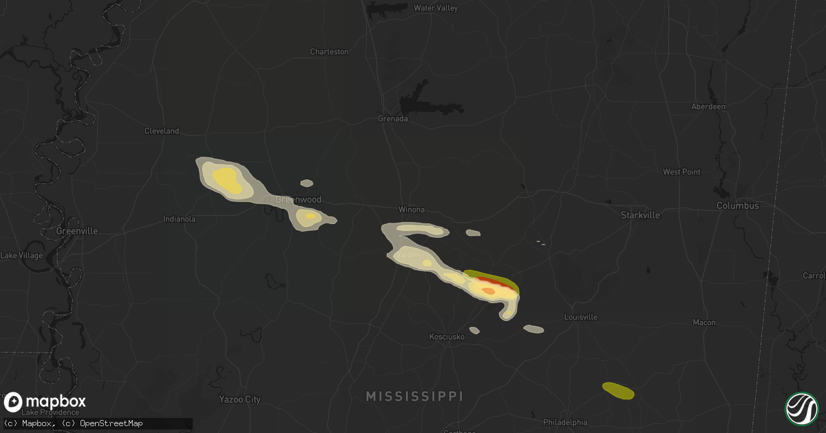 Hail map in Winona, MS on May 10, 2026