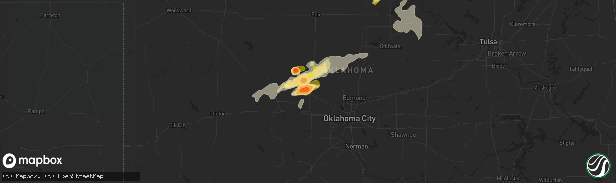 Hail map in Okarche, OK on May 12, 2023