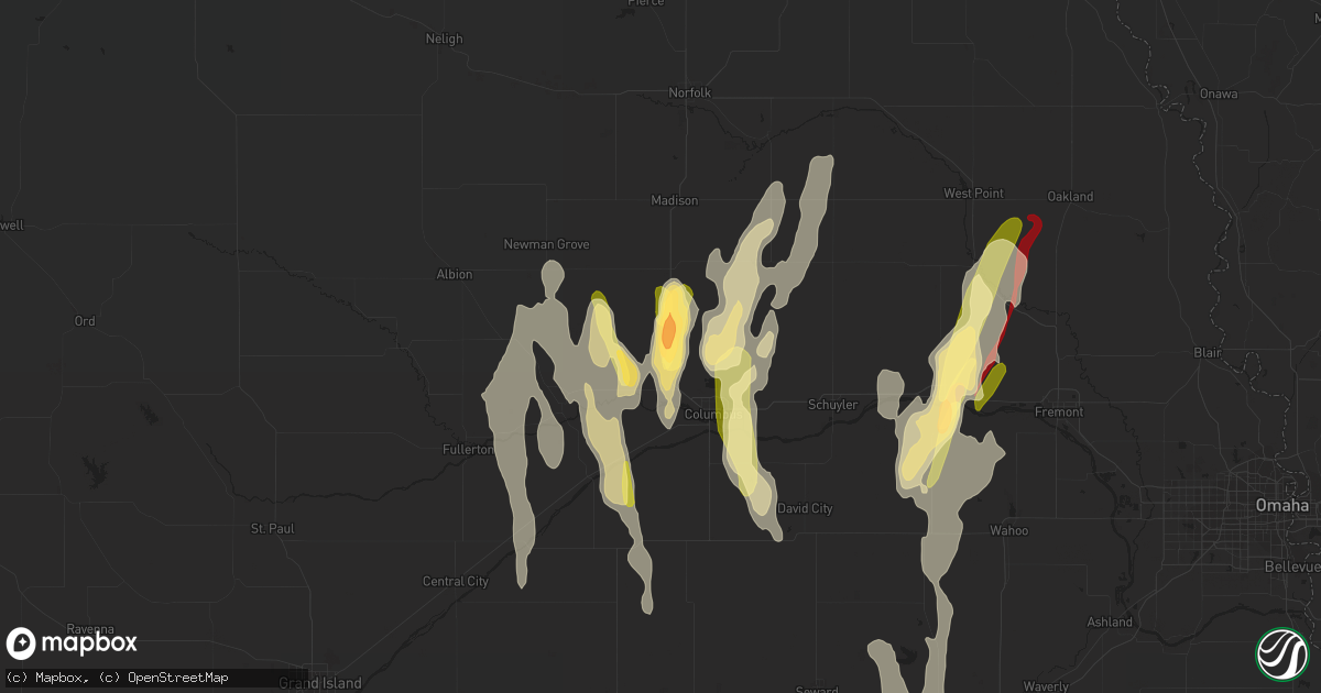 Hail map in Platte Center, NE on May 12, 2023