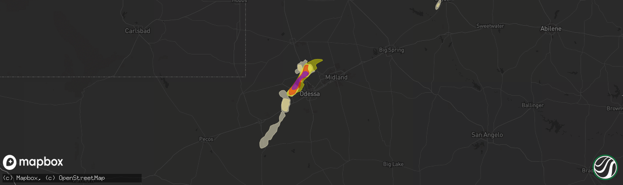 Hail map in Odessa, TX on May 13, 2020