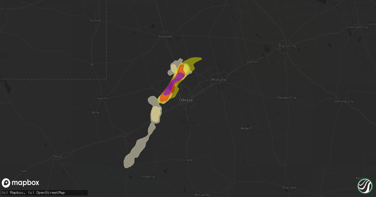 Hail map in Odessa, TX on May 13, 2020