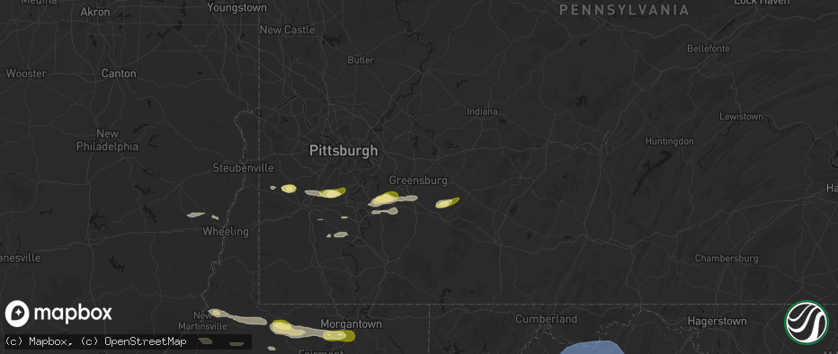 Hail map in Greensburg, PA on May 13, 2026