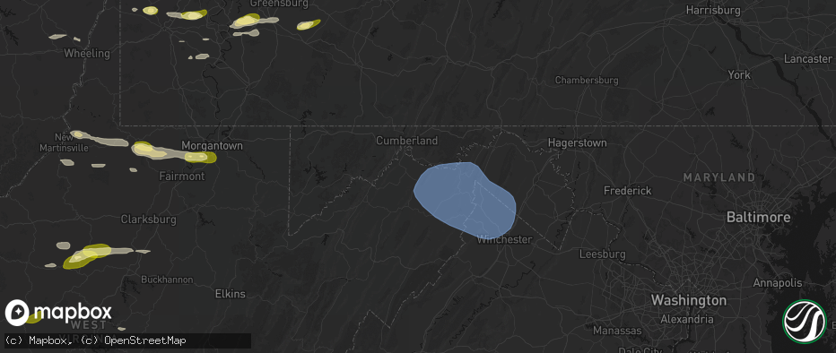 Hail map in Springfield, WV on May 13, 2026