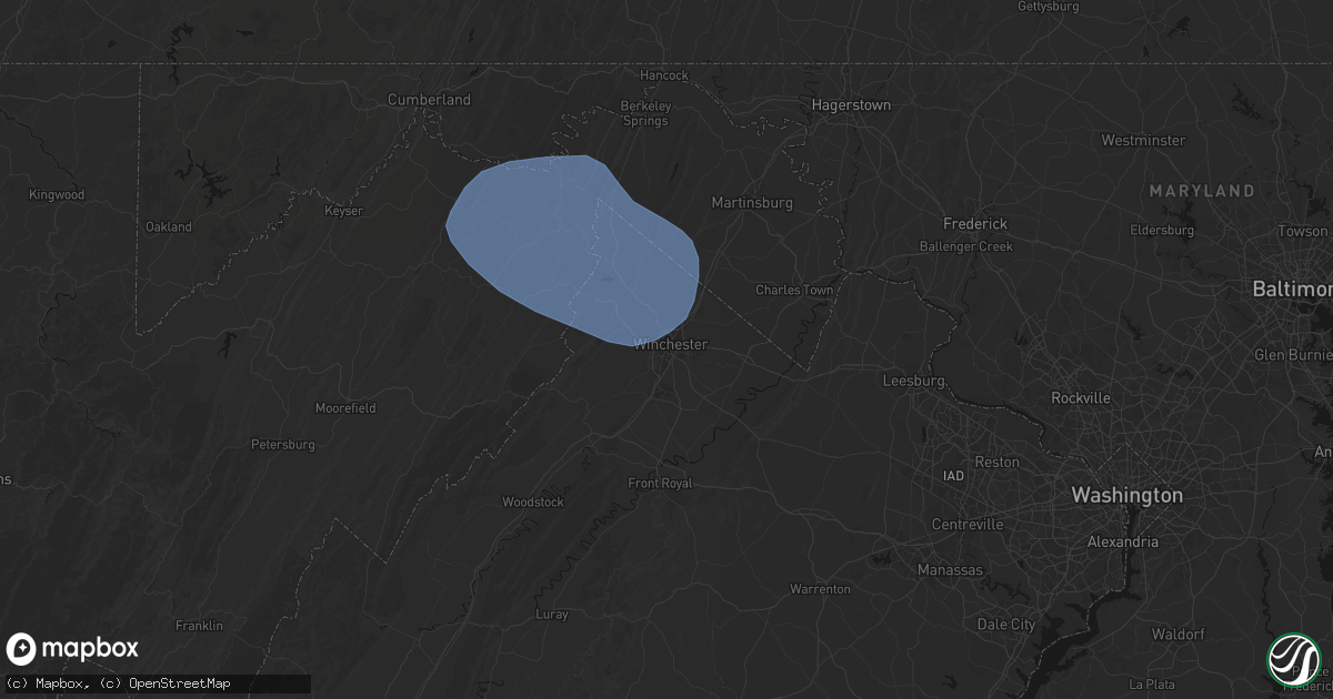 Hail map in Winchester, VA on May 13, 2026