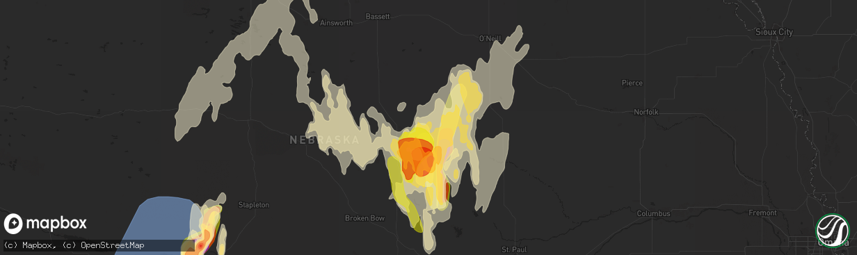 Hail map in Burwell, NE on May 14, 2025
