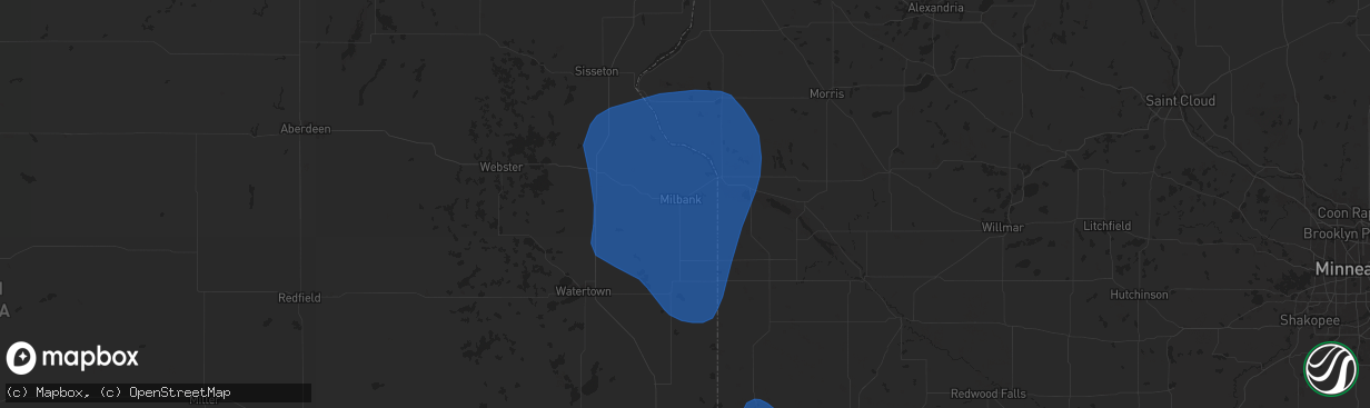 Hail map in Milbank, SD on May 14, 2025