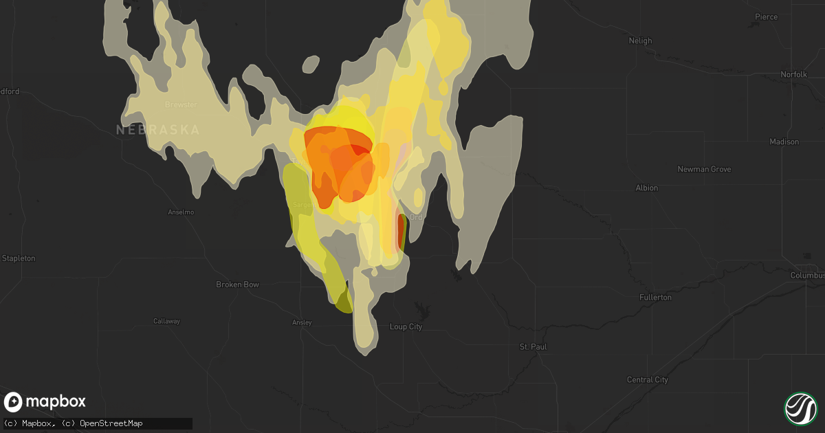 Hail map in Ord, NE on May 14, 2025