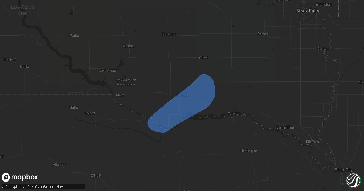 Hail map in Tyndall, SD on May 14, 2025