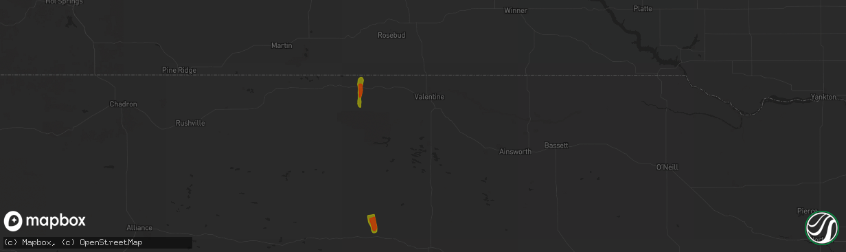 Hail map in Valentine, NE on May 14, 2025