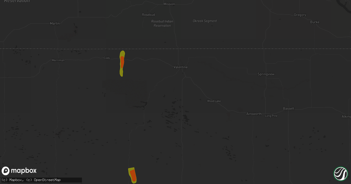 Hail map in Valentine, NE on May 14, 2025